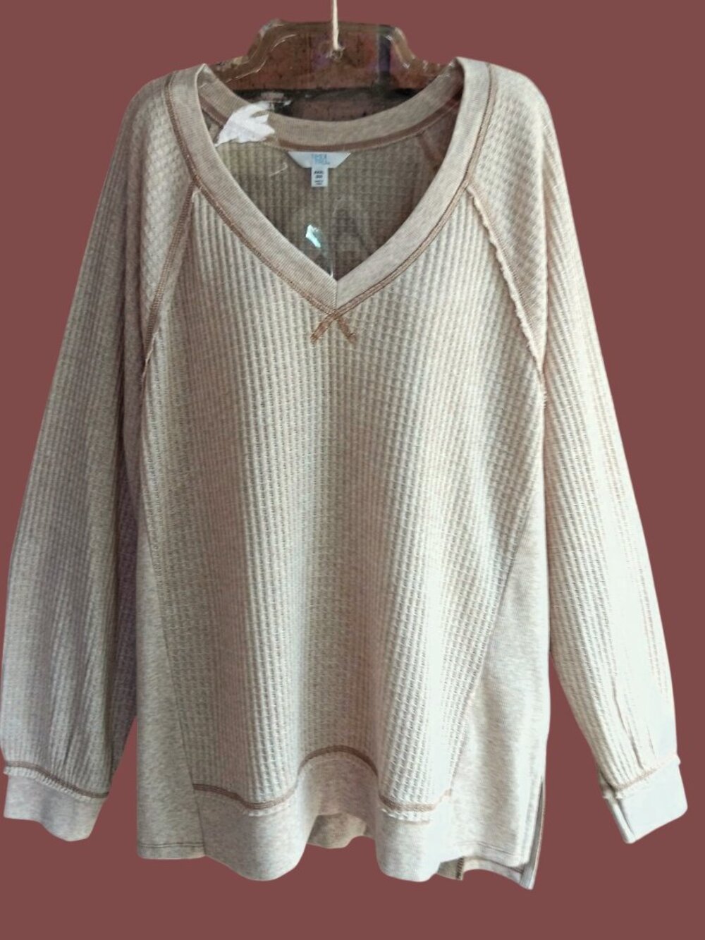 Time and Tru Womens Waffle Top Pullover Long Sleeves V-neck Oatmeal Size XXXL